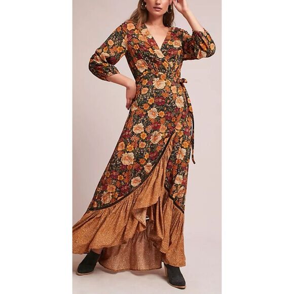 FARM Rio Dresses & Skirts - FARM Rio Floral Wrap Maxi Dress in Black, Rust & Mustard